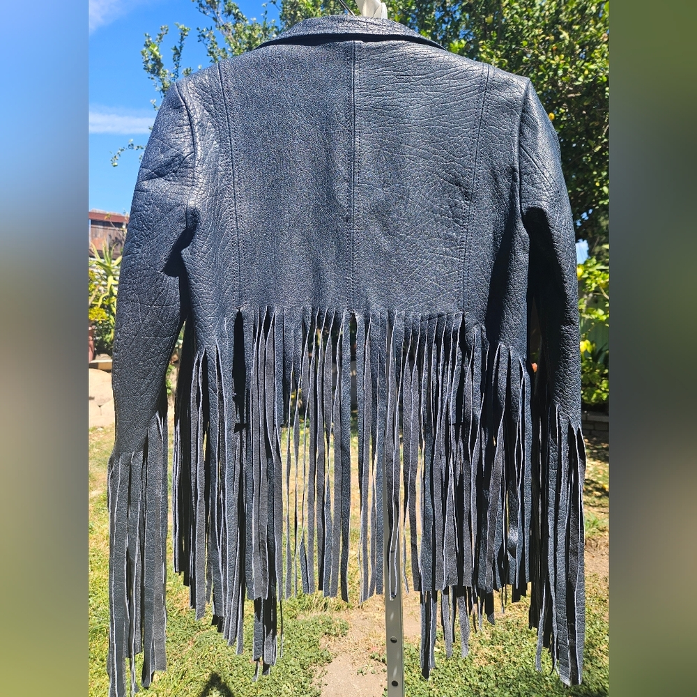 Top Shop Kate Moss leather dark blue navy fringe jacket sz 6 - Picture 7 of 8